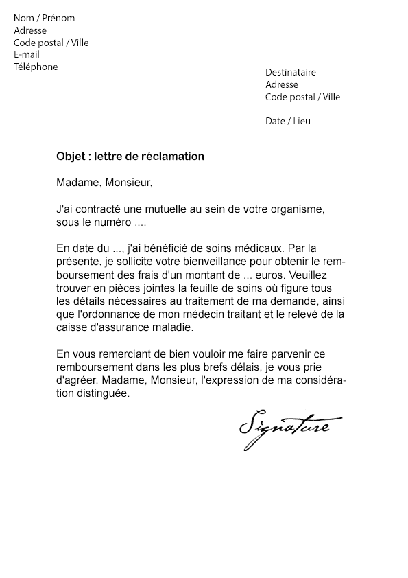 Lettre de réclamation Remboursement Mutuelle - Modèle de Lettre