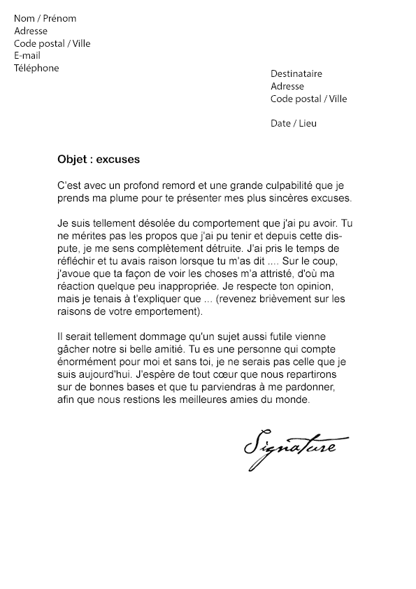 Lettre d’excuse à une Amie (Mauvais comportement - Dispute)