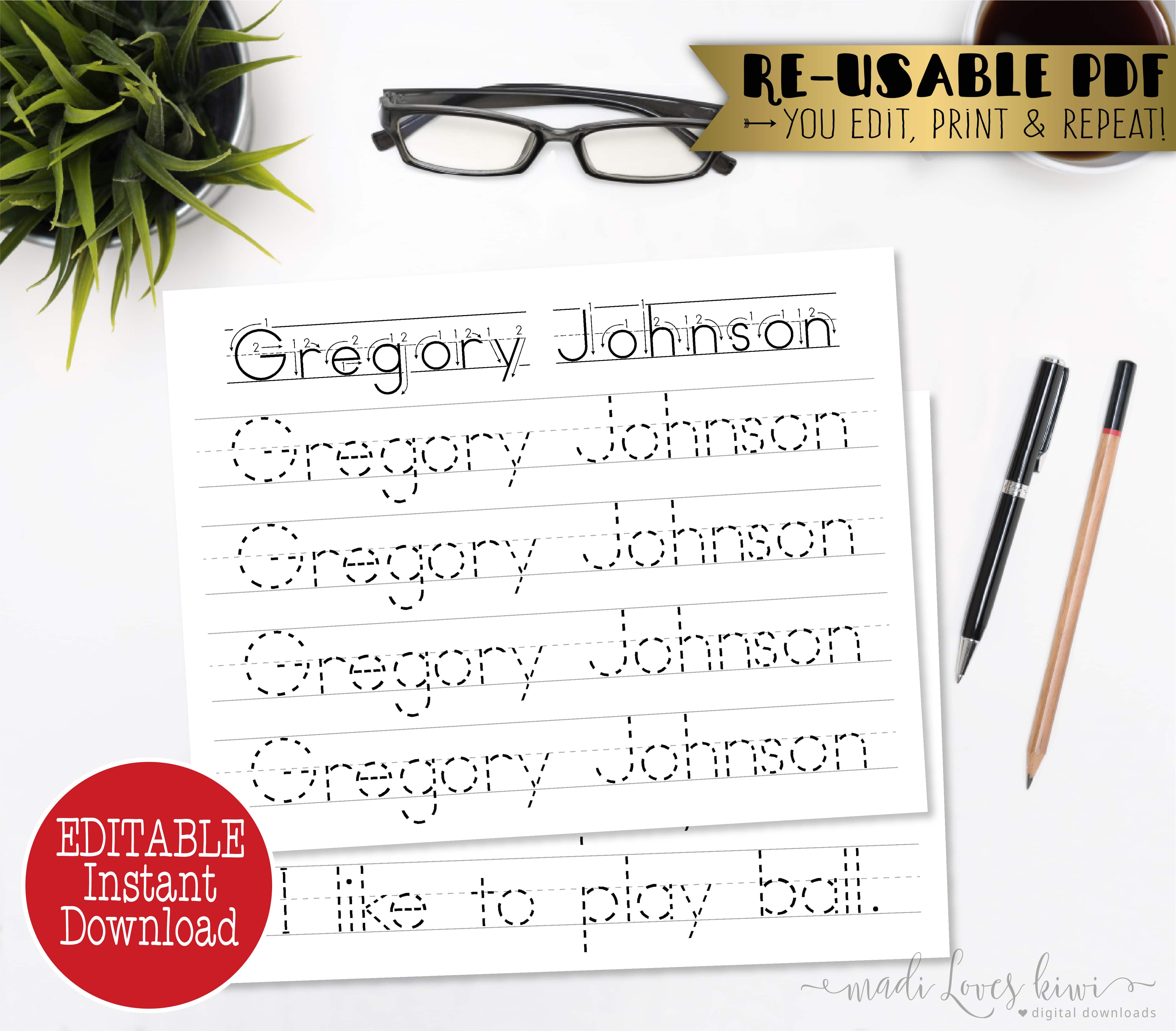 editable name writing worksheet printable handwriting print practice pdf template madi loves kiwi digital downloads