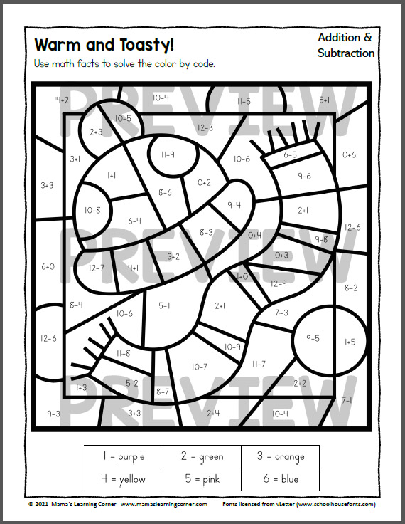 winter color by addition and subtraction worksheets mamas learning corner