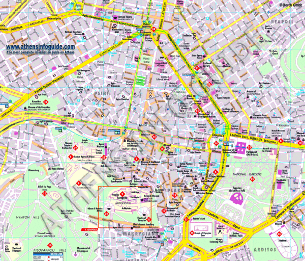 A map legend is a side table or box on a map that shows the meaning of the symbols, shapes, and colors used on the map. Athens Tourist Map Athens Greece Mappery