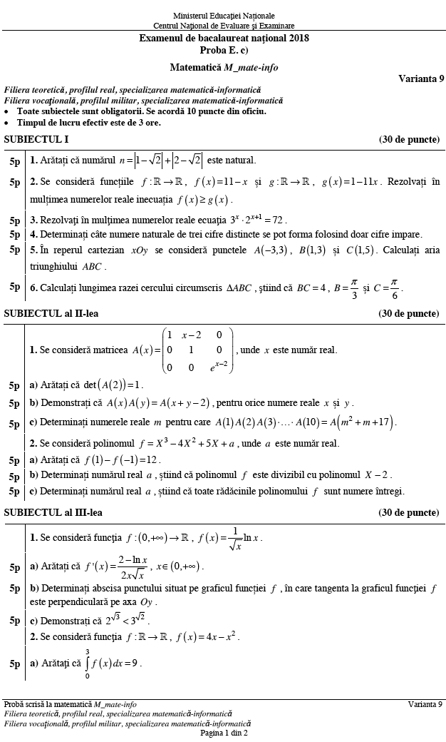 Matematica Online Subiectele Èi Baremele La Examenul De MatematicÄ Bacalaureat August 2018 Sesiunea De ToamnÄ