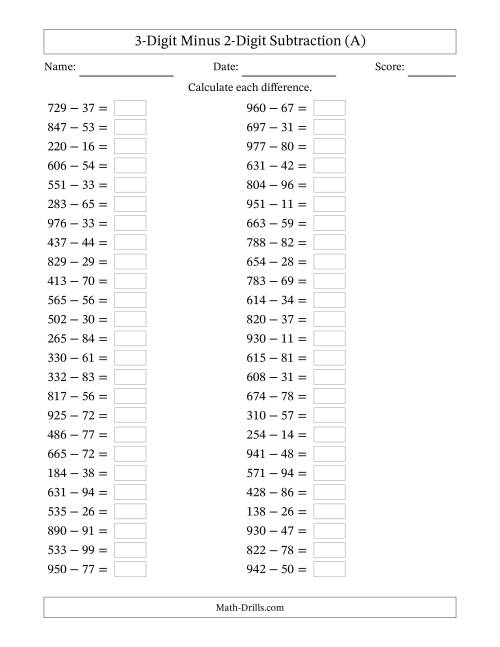 three digit minus two digit horizontal subtraction 100 questions a