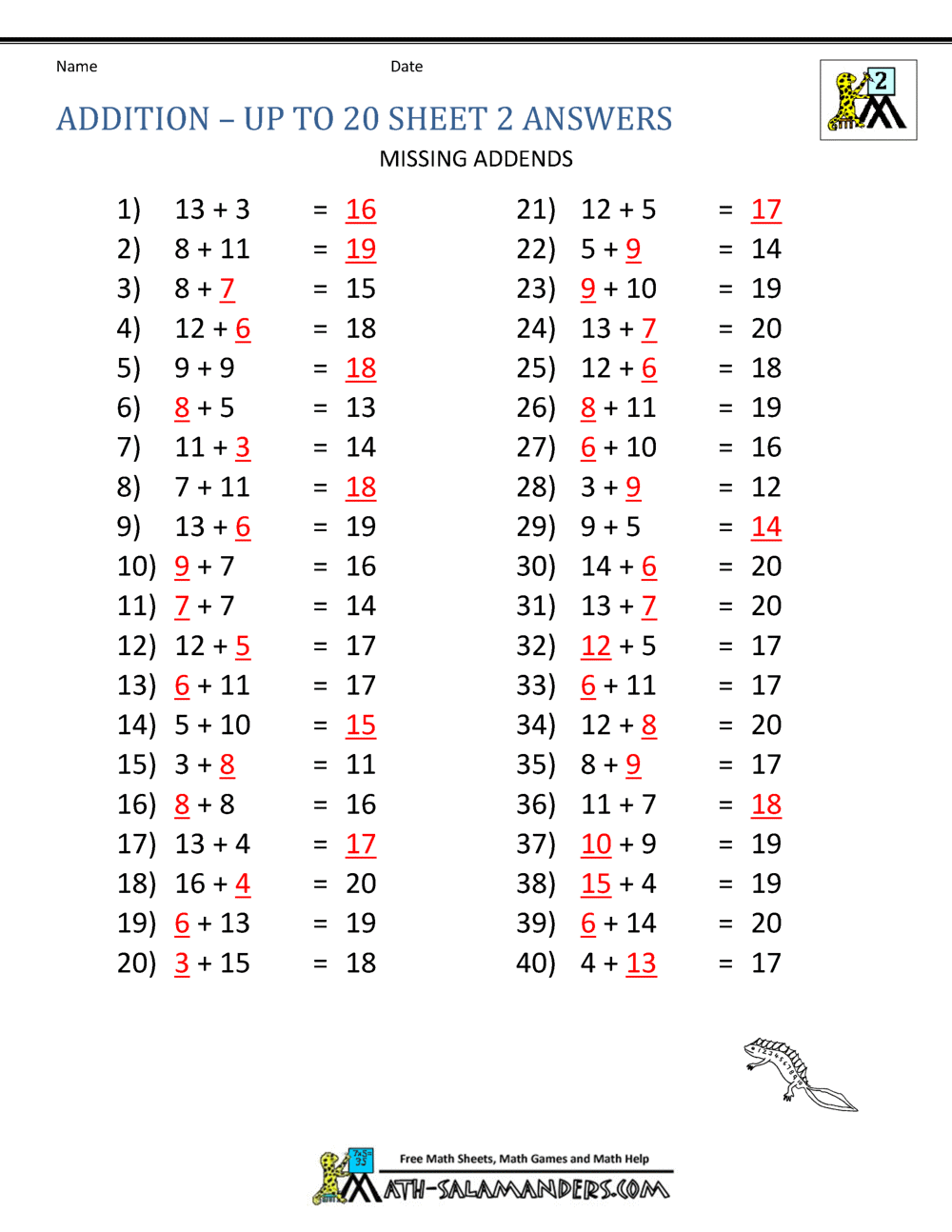 math addition facts 2nd grade