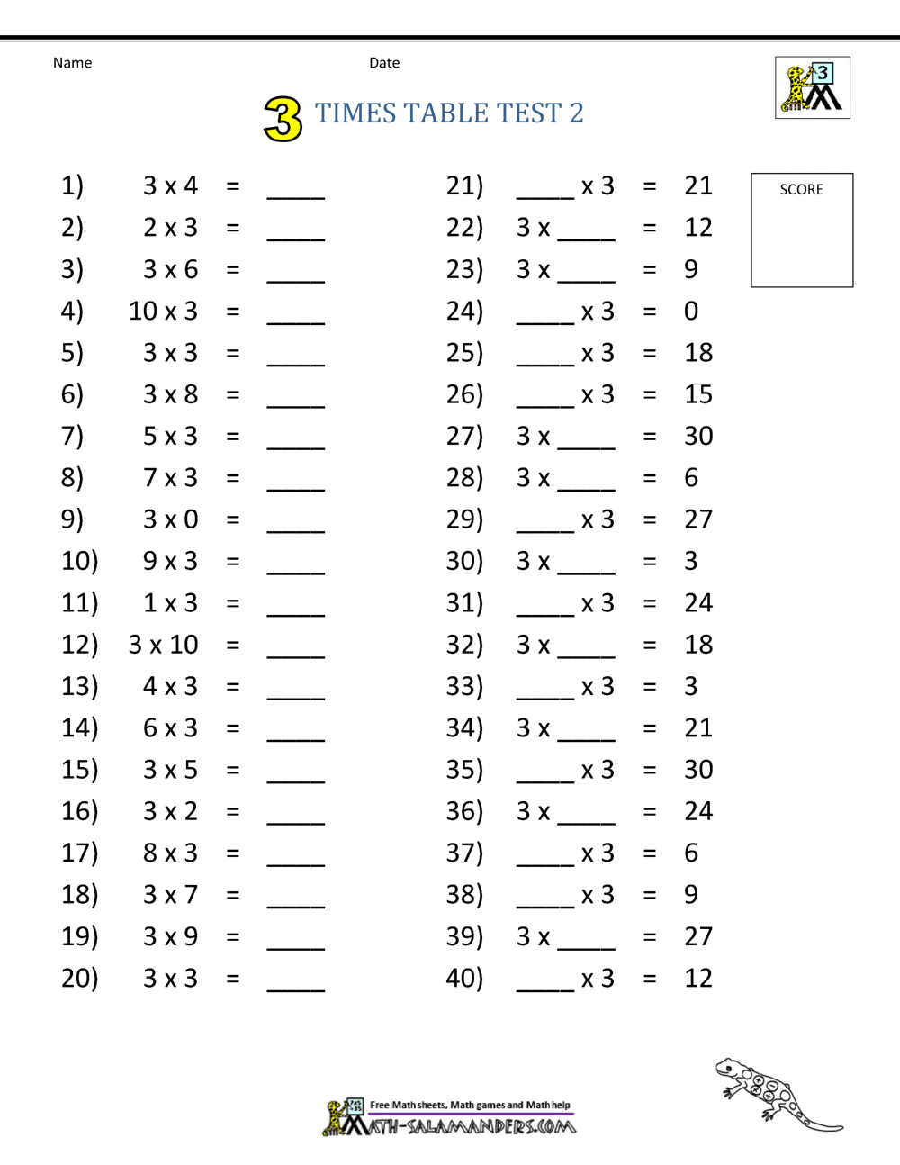 times table tests 2 3 4 5 10 times tables