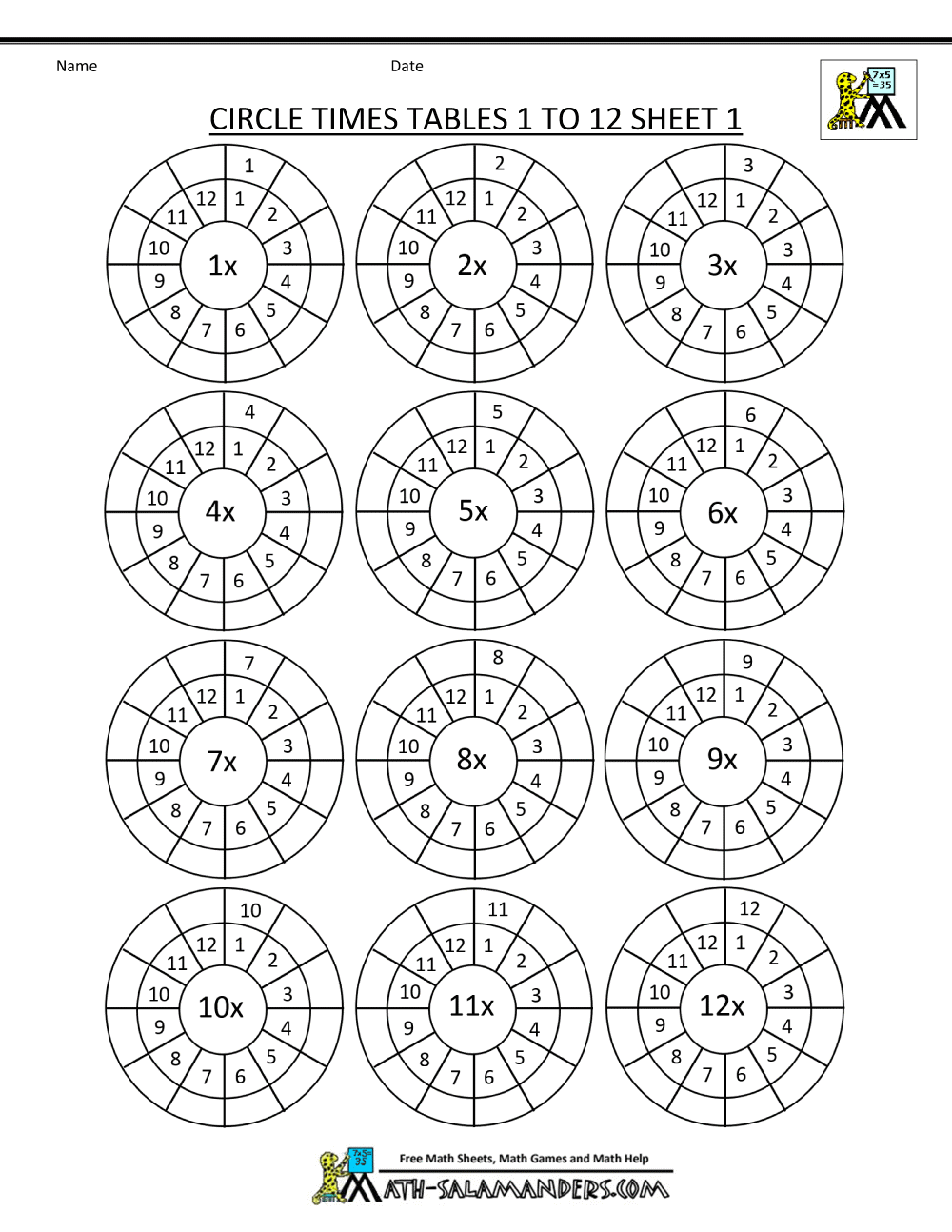 times table worksheet circles 1 to 12 times tables