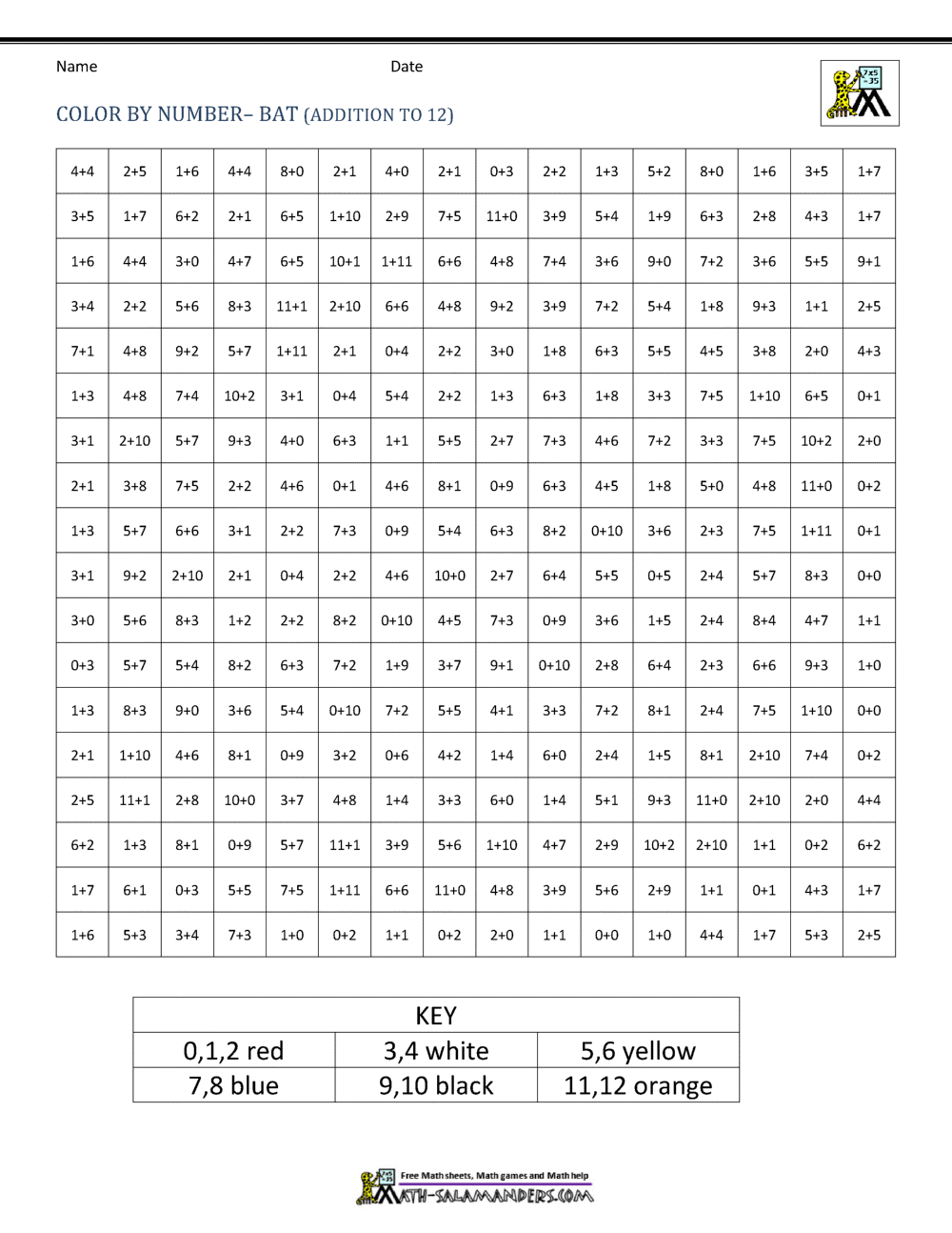 Solve the problems and color the squares based on the key. Halloween Color By Number