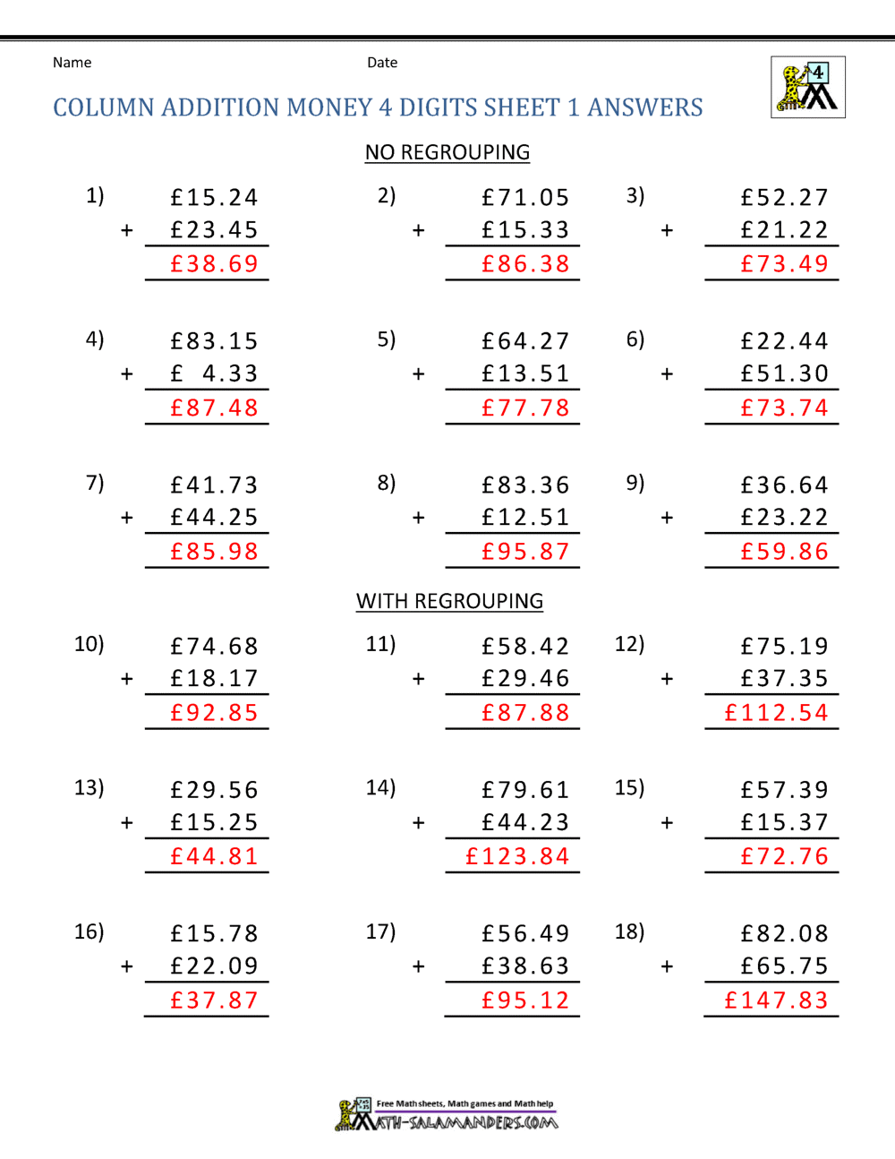 money addition worksheets uk money
