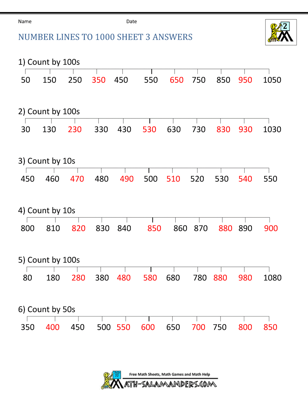 number line worksheets up to 1000
