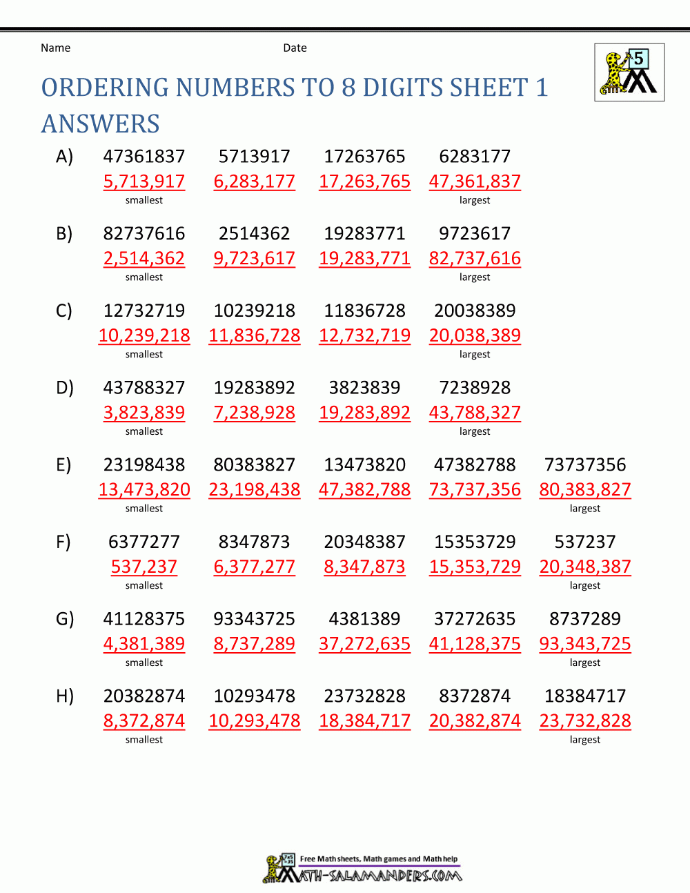 Ordering Large Numbers 5th Grade