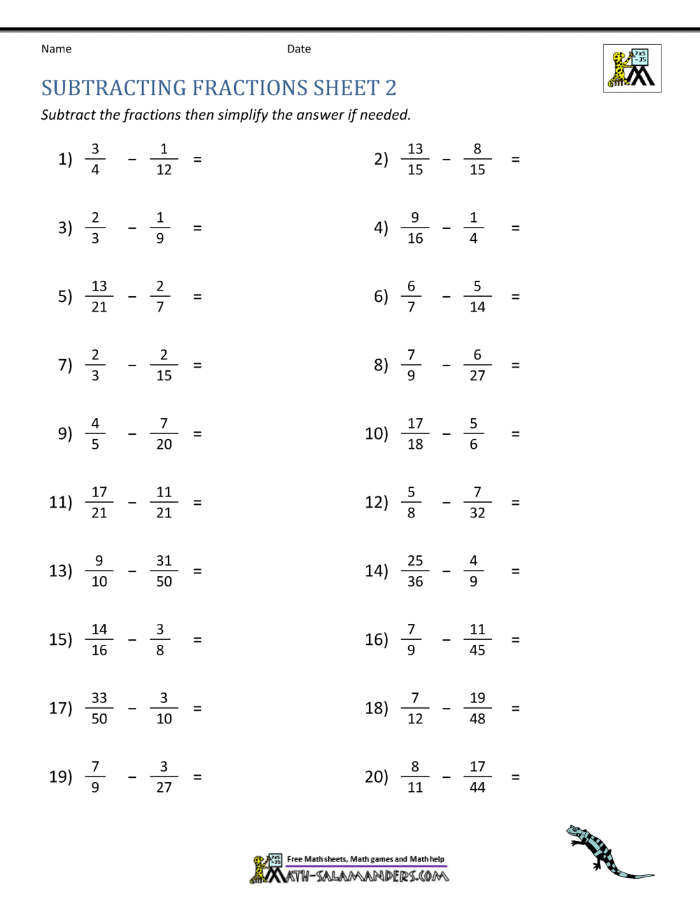 subtracting fractions worksheets