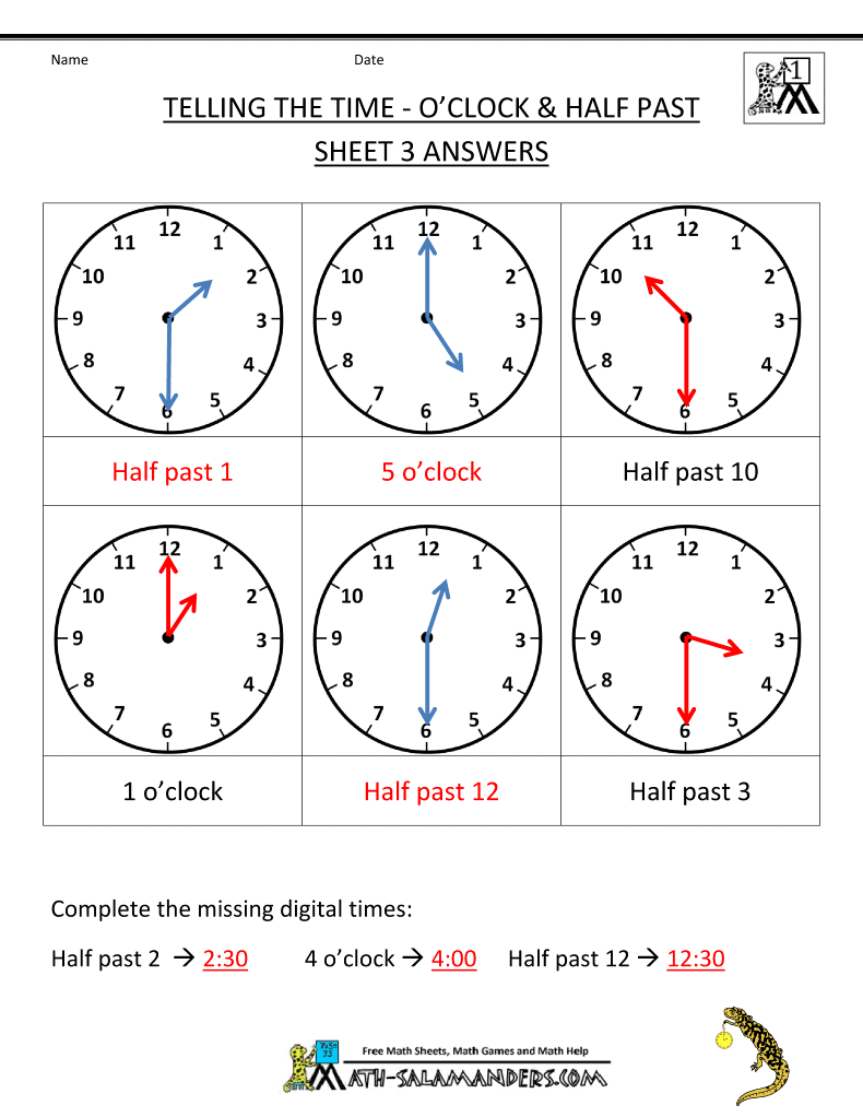 telling time worksheets oclock and half past