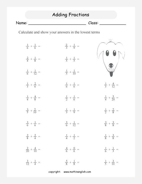 addition of fractions math worksheet with unlike denominators that are