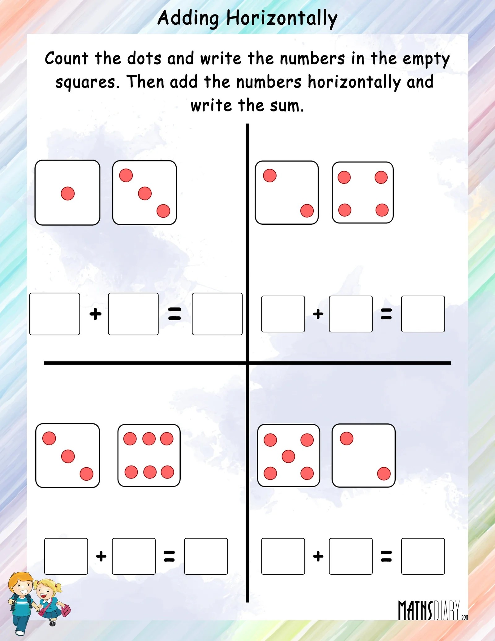 1 digit addition worksheets for kindergarten and grade 1 math. Adding Horizontally Horizontal Addition Math Worksheets Mathsdiary Com