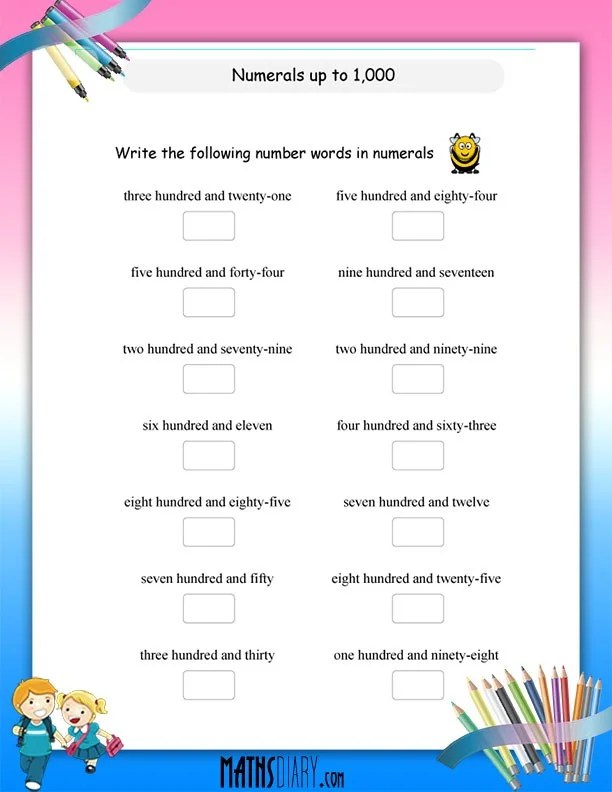 numerals upto 1000 worksheets math worksheets mathsdiary com