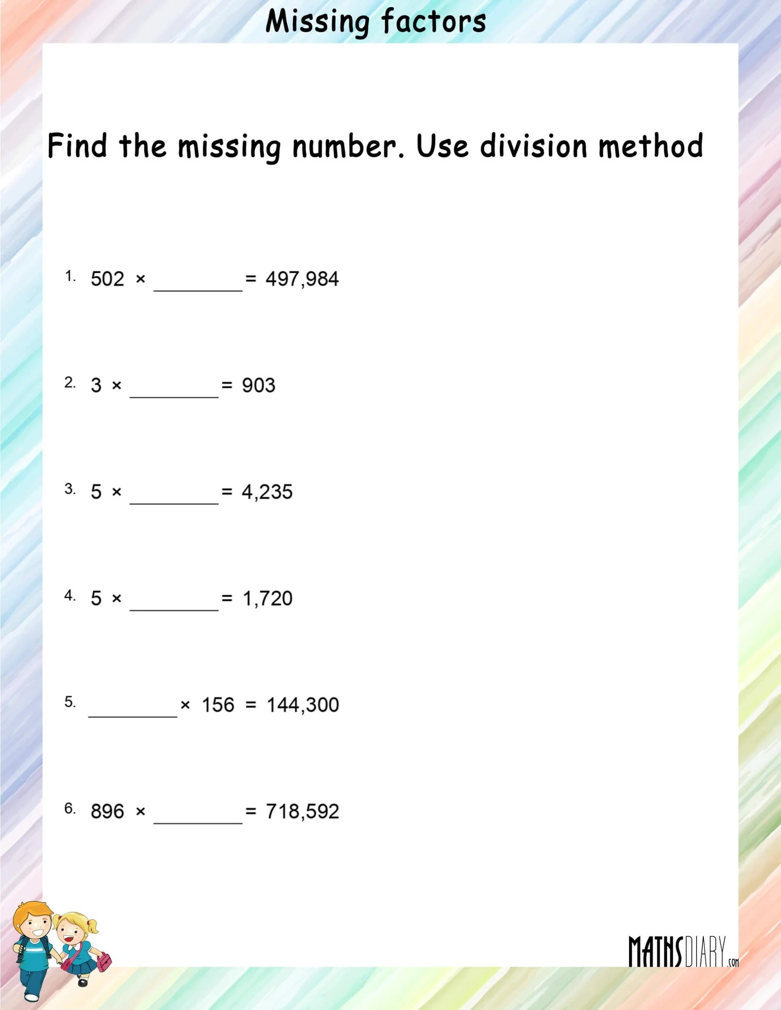 find the missing number division and multiplication worksheets math worksheets mathsdiary com