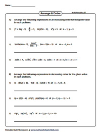 Evaluate each algebraic expression by substituting the given value of the variable. Evaluating Algebraic Expression Worksheets