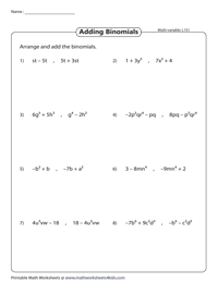 This worksheet explains how to add and subtract polynomial equations by . Adding Binomials Worksheets