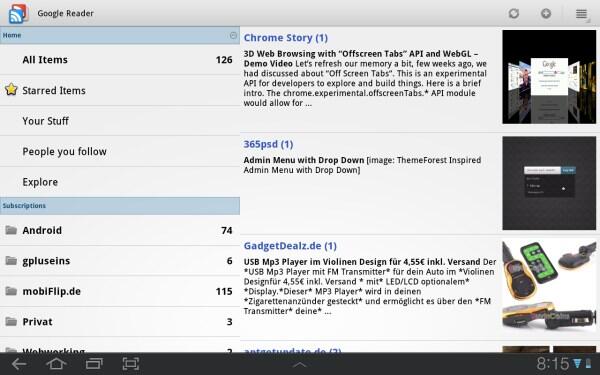 Jetzt mit TabletUnterstützung Google Reader für Android in neuer