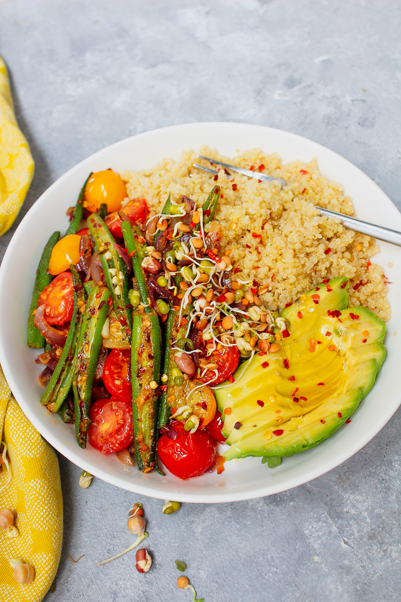 Who doesn&apost savor a lazy sunday? Okra Stir Fry with Quinoa, Avocado & Sprouts - Meatless Monday
