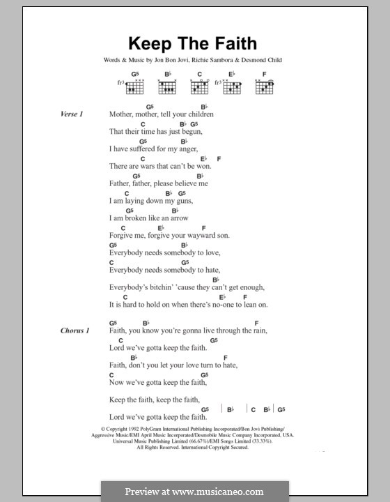 Playback tabs and chords and . Keep The Faith Bon Jovi By D Child J B Jovi R Sambora On Musicaneo
