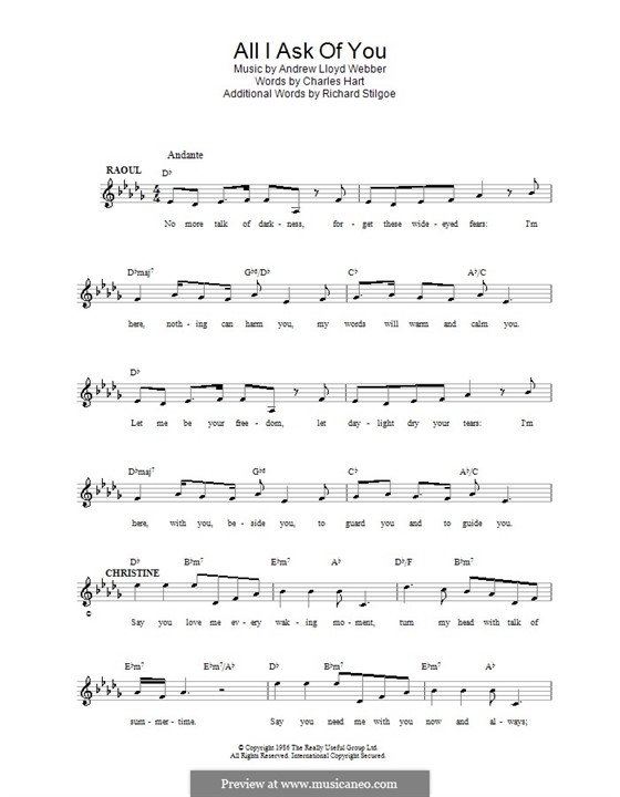 4 intro c em f g verse 1 c em i will leave my heart at the door f i won't say a word g they've all been said before, you know c em so why don't we . All I Ask Of You The Phantom Of The Opera By A L Webber On Musicaneo
