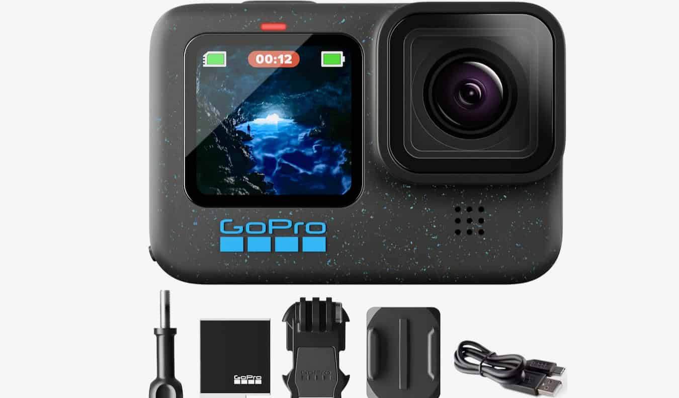 A GoPro Hero 12 camera with accessories