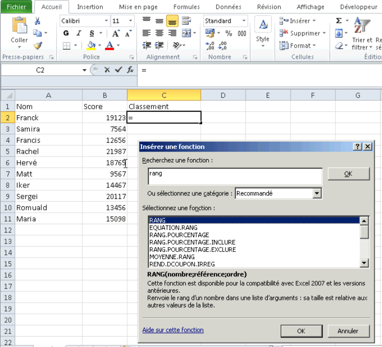 Trouver un classement dans Excel avec la fonction RANG