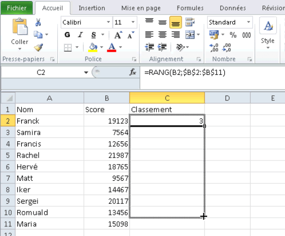 Trouver un classement dans Excel avec la fonction RANG