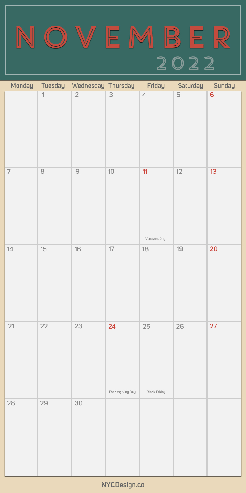 2022 november monthly calendar planner printable free