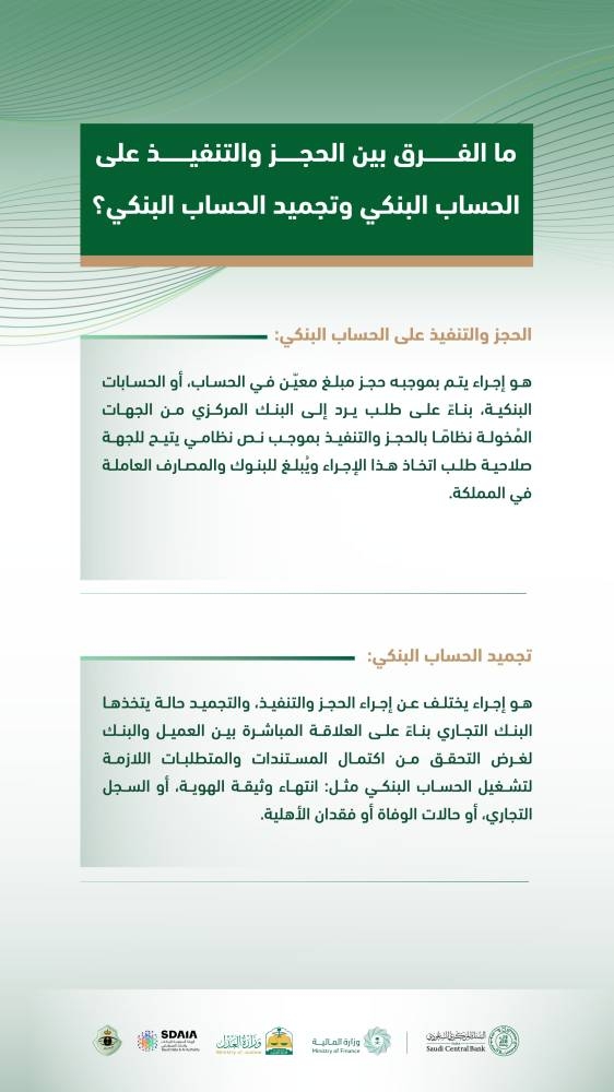 ساما يوضح الفرق بين الحجز والتنفيذ على الحساب البنكي وتجميده