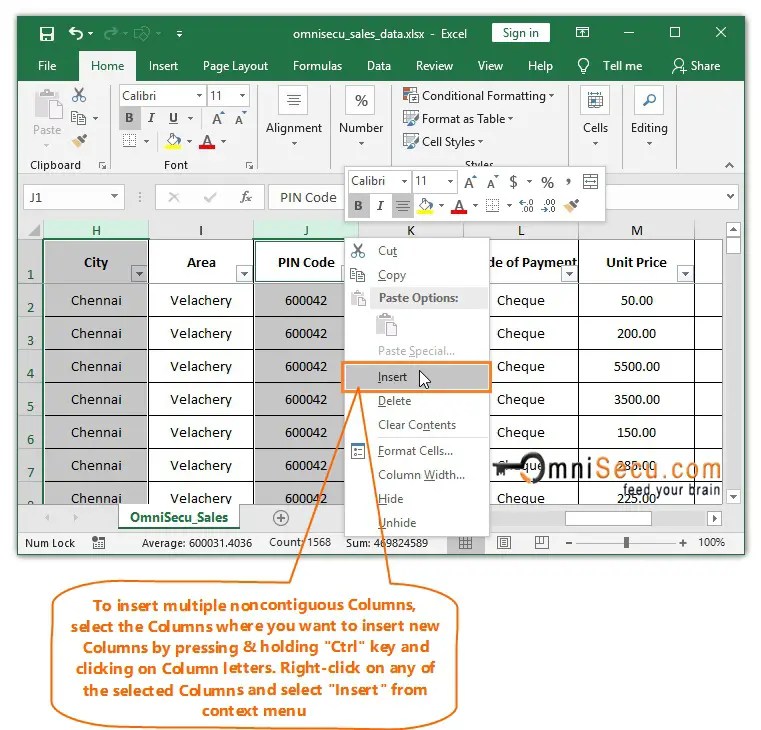 how to insert columns in excel worksheet