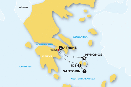 Trip itinerary · athens, greece · athens · athens to mykonos · mykonos · mykonos to paros · paros · paros to santorini · santorini. Greek Island Hopping With Contiki