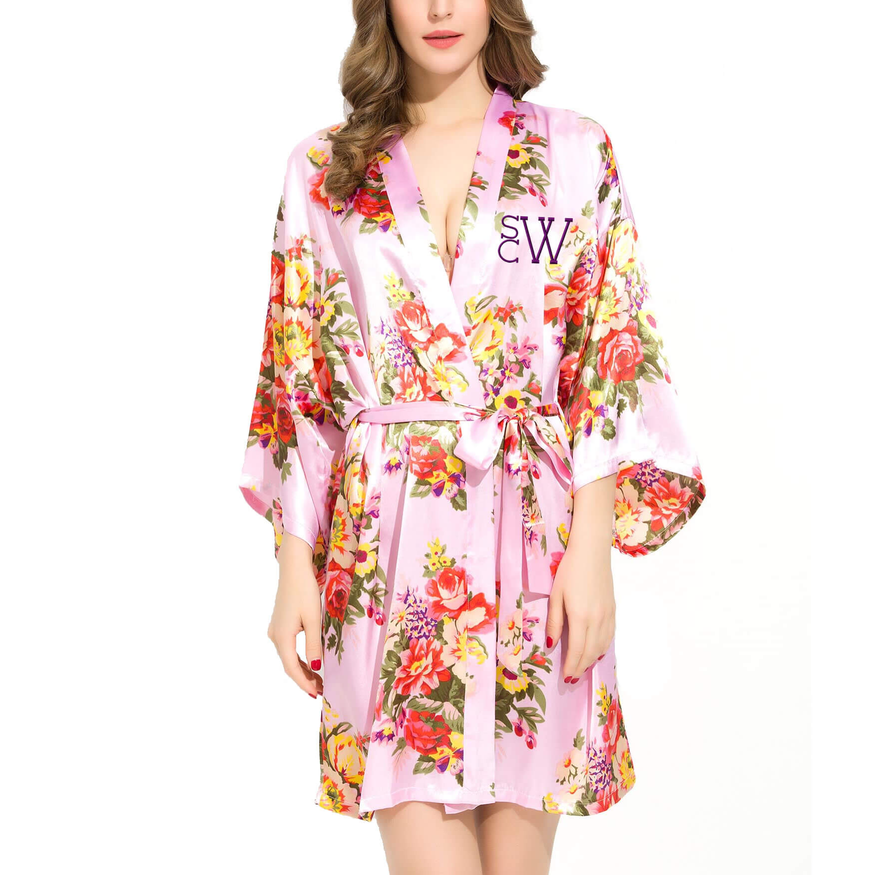 Easy, quick yet so strikingly . Floral Satin Robe With Modern Monogram Embroidered Personalized Brides