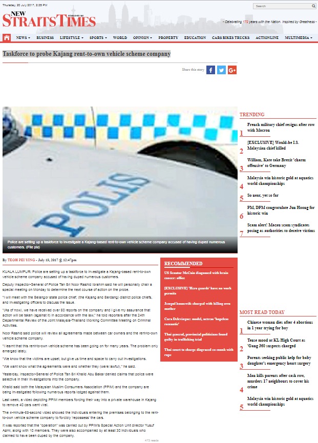 Taskforce to probe Kajang renttoown vehicle scheme company New