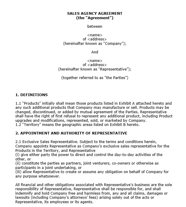 9 free sample sales representative agreement templates printable samples