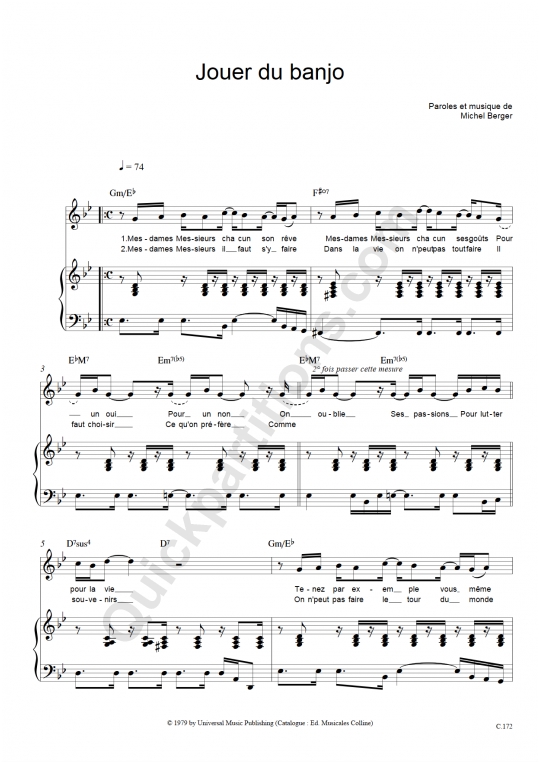 Quelques mots d'amour, artiste : Partition piano Jouer du banjo - Michel Berger (Partition Digitale)