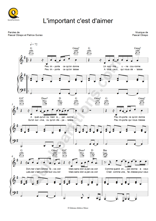 Lucie Pascal Obispo Partition Piano : Partition Piano L'important C'est D'aimer - Pascal Obispo