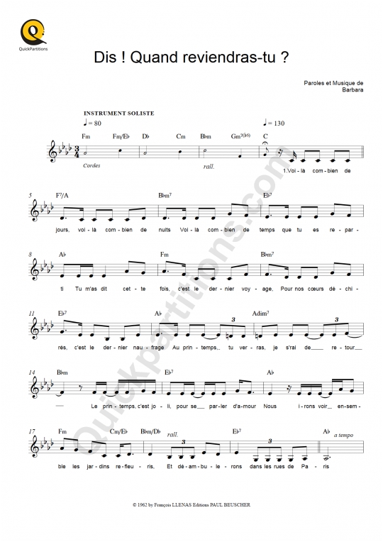 Que tout le temps qui passe. Partition pour Instruments Solistes Dis ! Quand reviendras-tu