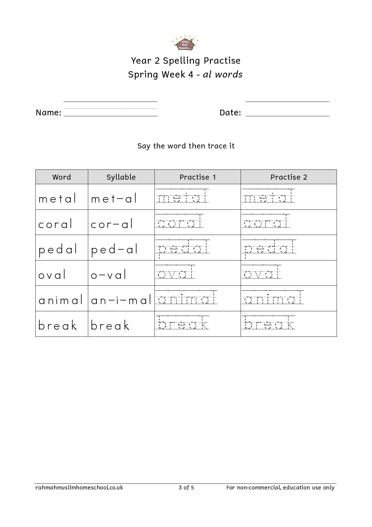 year 2 spelling practice week 4 al words the