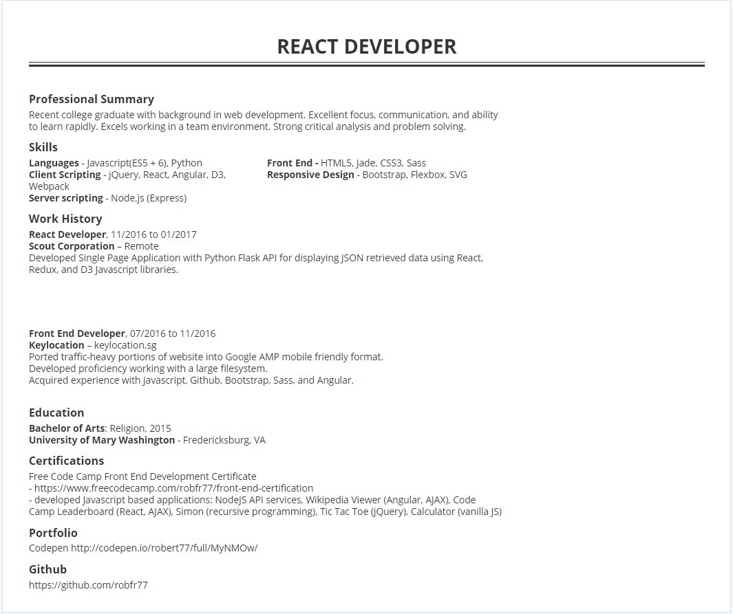 Examples of skills to put on your cv · persuasion, using appropriate persuasion techniques to make customers and clients purchase the organisation's products or . 10 Junior Reactjs Developer Resume Samples React Resumes