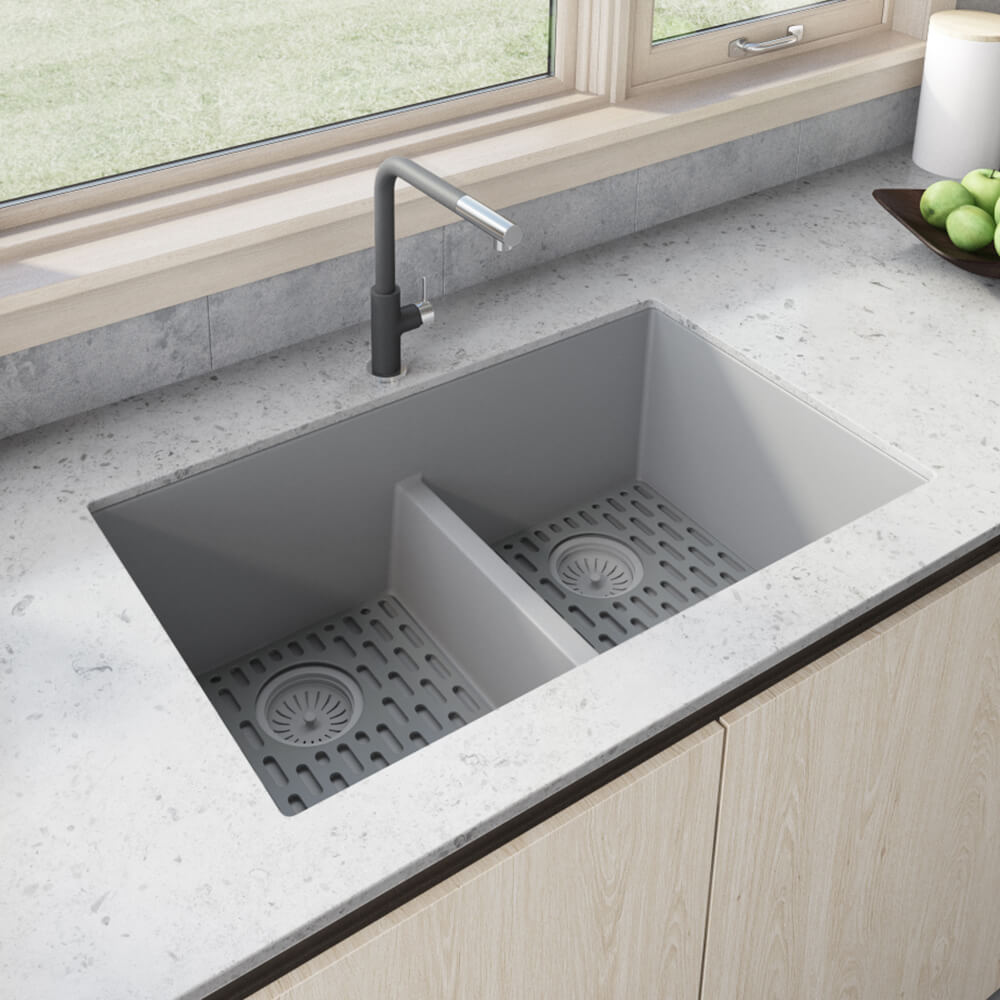 Get the best deals on kitchen sink 33x19 when you shop the largest online. 33 X 19 Inch Granite Composite Undermount Double Bowl Low Divide Kitchen Sink Silver Gray Ruvati Usa
