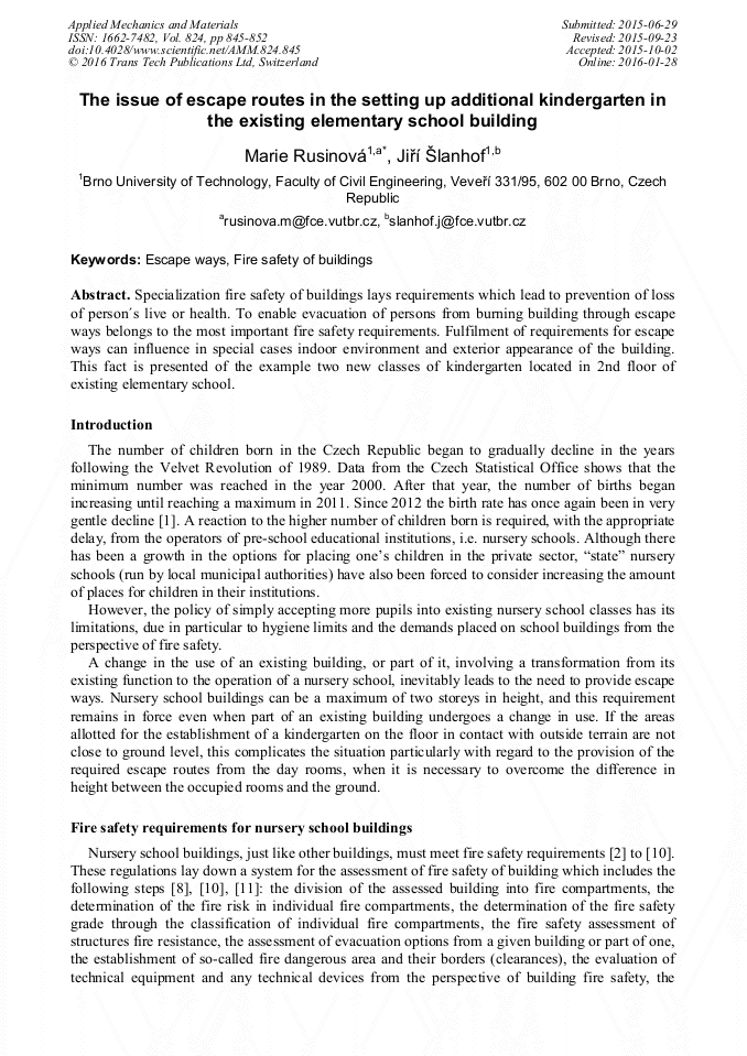 The Issue Of Escape Routes In The Setting Up Additional Kindergarten In The Existing Elementary School Building Scientific Net