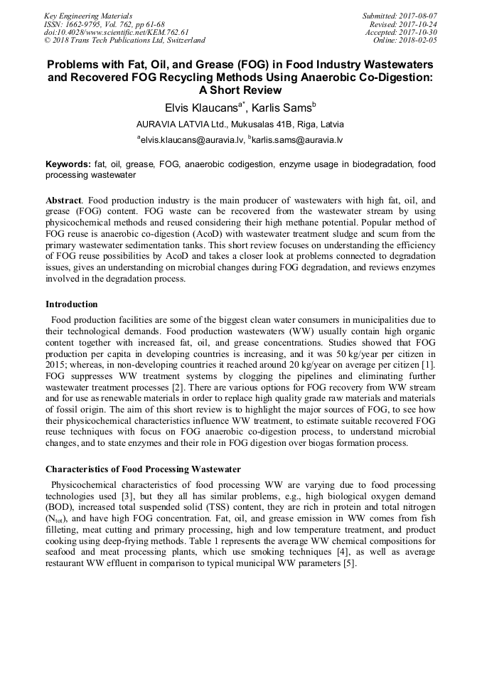 Food » grocery stores and supermarkets. Problems With Fat Oil And Grease Fog In Food Industry Wastewaters And Recovered Fog Recycling Methods Using Anaerobic Co Digestion A Short Review Scientific Net