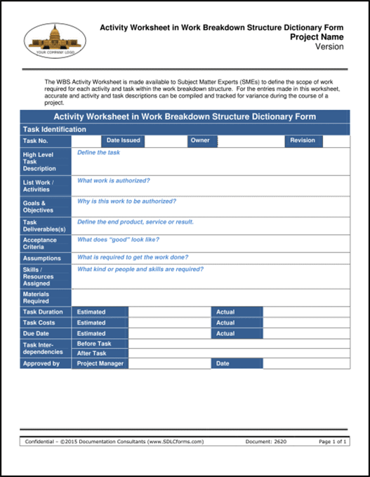 Cells may contain labels, numbers, formulas or functions. Sdlcforms Activity Worksheet In Work Breakdown Structure Dictionary Form