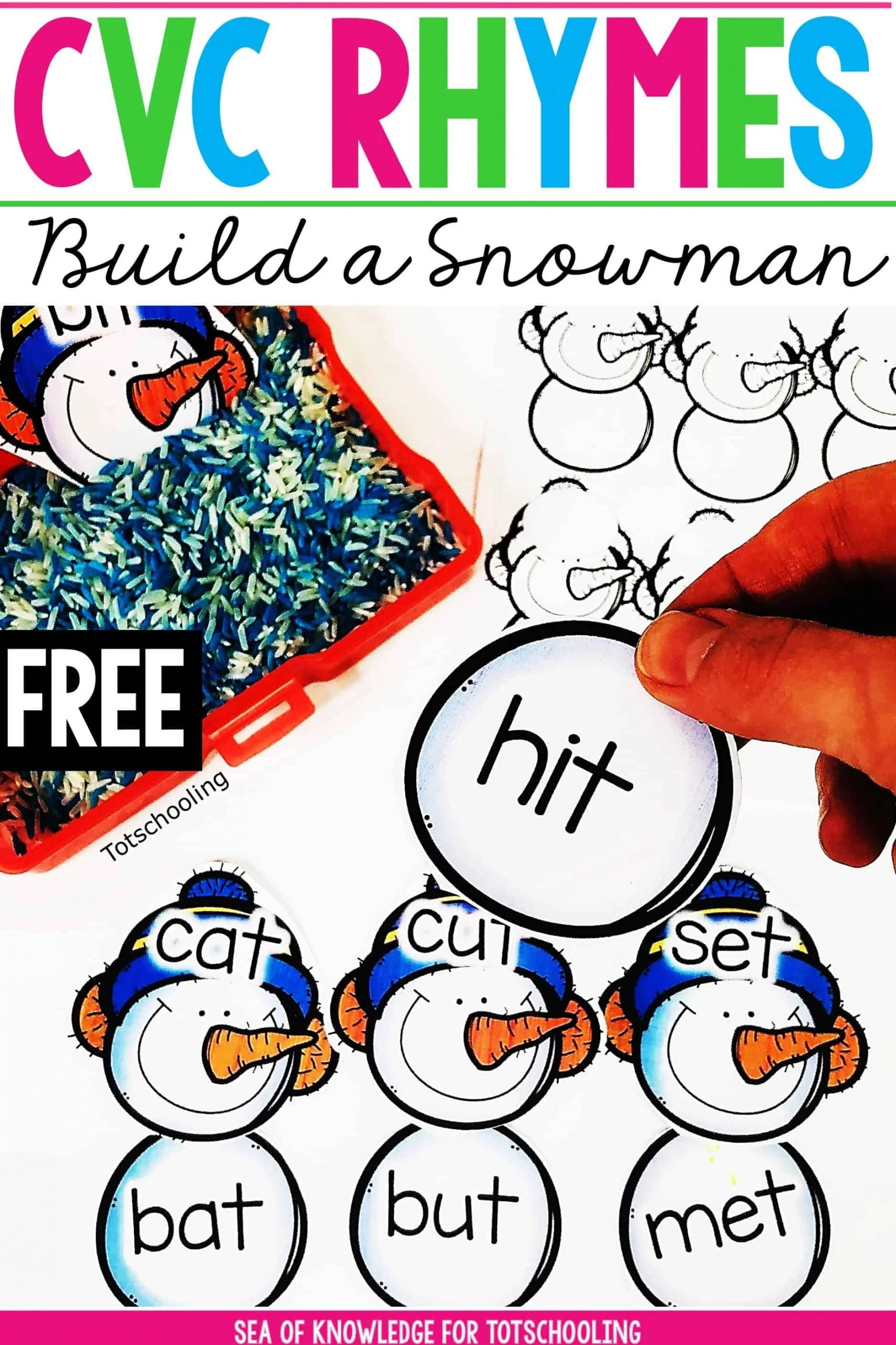 snowman cvc rhyming words activity with sensory bin