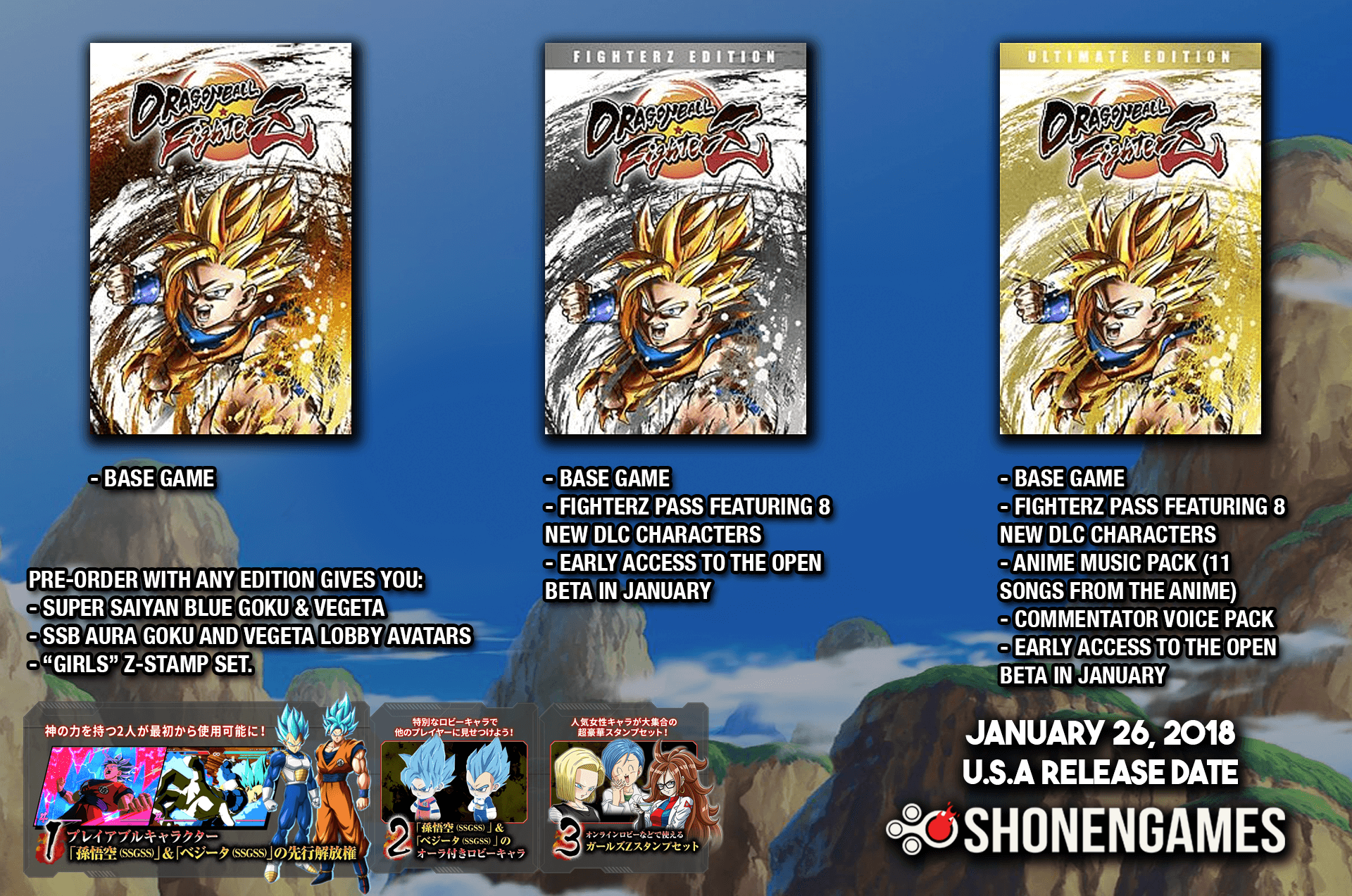 • the game • fighterz pass (8 new characters) • anime music pack (available by march 1st 2018) • commentator voice pack (available by april 15th 2018) partnering with arc system works, dragon ball fighterz maximizes high end anime graphics and brings easy to learn but difficult to master fighting gameplay. How many versions of goku are there in dbfz? Dragon Ball FighterZ Launches on January 26th, 8 DLC