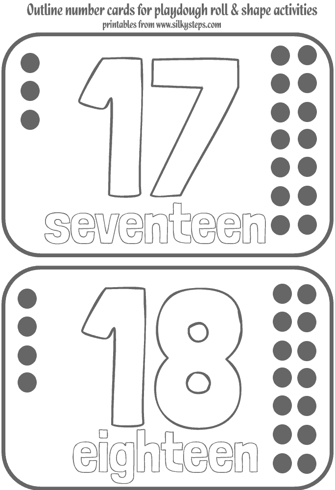 outline number cards 17 18 text quantity numeral playdough mats
