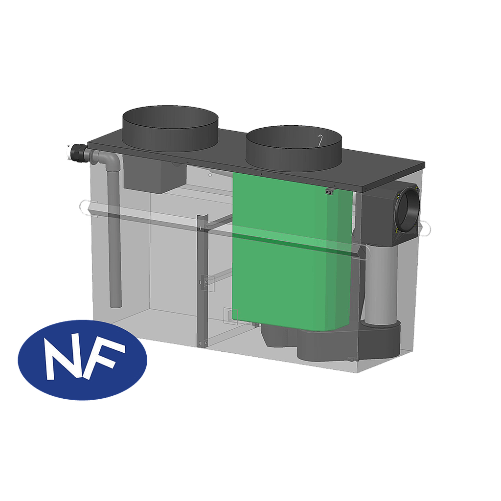 Produit Séparateur d&rsquo;hydrocarbures NF acier 5mg/L, 1,5 à 6 L/s, avec by  pass, débourbeur V100 , dessus : amorces circulaires