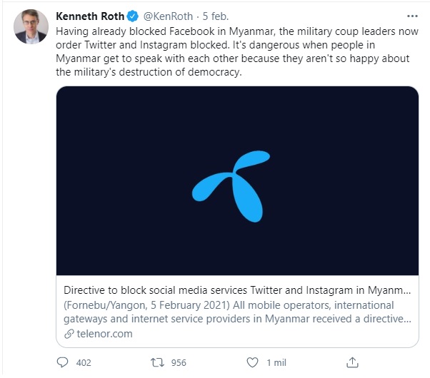 Myanmar ordena bloquear el acceso a Twitter e Instagram